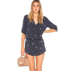 Cloth & Stone Star Print Faux Wrap Romper Navy Button Sleeves Pockets Sz Medium